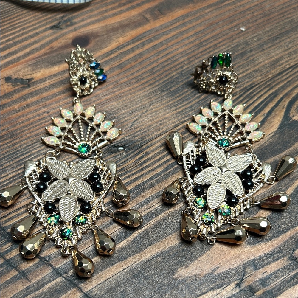 Vintage Gold-Tone Floral Drop Earrings with Green and Opal Accents